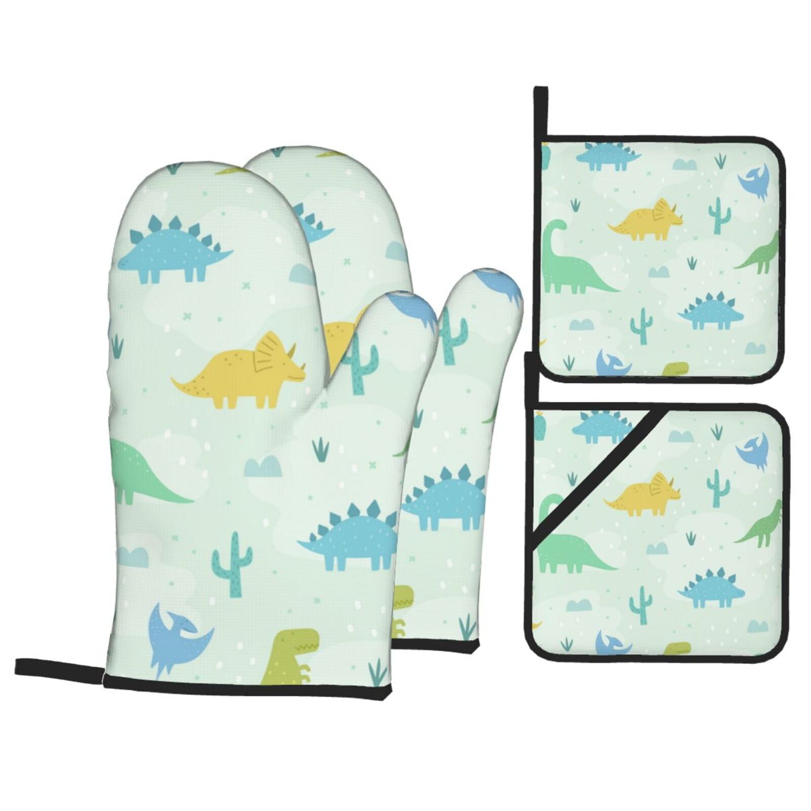 Cute Cartoon Dinosaurs 4Pcs Oven Mitts and Pot Holders Sets Oven Kitchen Gloves Hot Pads for Cooking BBQ Baking Grilling