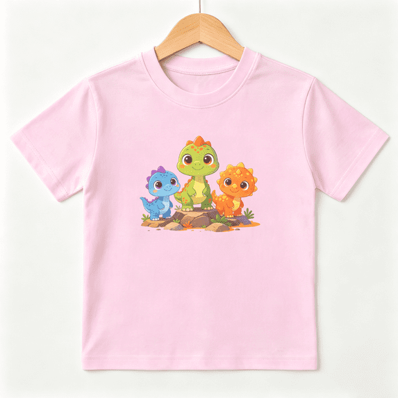 Cute Cartoon Dinosaurs Girls Graphic Tee, Sweet Kawaii Animals 100% Cotton Kids Short Sleeve T-Shirt