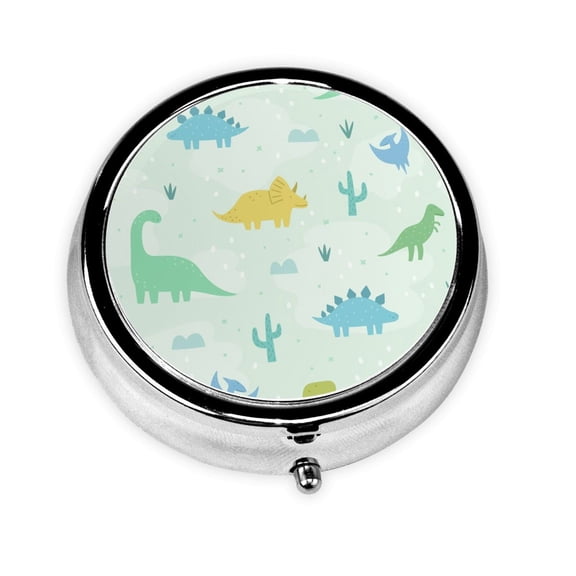Cute Cartoon Dinosaurs Mini Round Pill Box Portable Small Pill Case Organizer with 3 Compartments for Pocket Purse