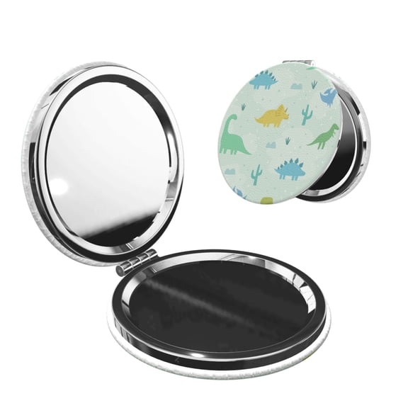 Cute Cartoon Dinosaurs Portable Double-Sided Face Mirror Round Shape, Magnifying Compact Pocket Mirror with PU Leather Cover