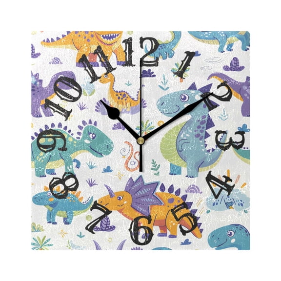 Cute Cartoon Dinosaurs Wall Clock Square Silent Non Ticking Battery Operated Clock for Home Bathroom Kitchen Bedroom Living Room