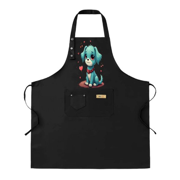 Cute Cartoon Dog Apron with Hearts - Adjustable Black Bib Apron for Cooking 2 Pockets Perfect for Men & Women - 2 Pack