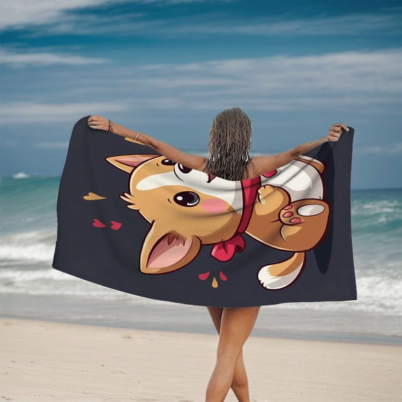 Cute Cartoon Dog Bath Towel - Cheerful Design with Expressive Eyes & Red Bow Tie Surrounded by Colorful Hearts Perfect for Beach & Pool