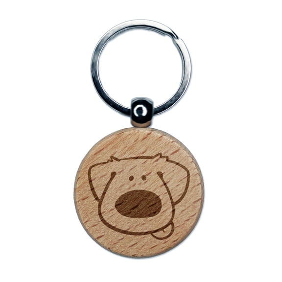 Cute Cartoon Dog Big Nose Tongue Golden Retriever Puppy Round Keychain Charm Tag - Engraved Wood