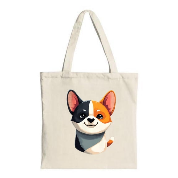 Cute Cartoon Dog Tote Bag - Black & White Face Orange Ears - Stylish Canvas Bag for Shopping Travel & Parties