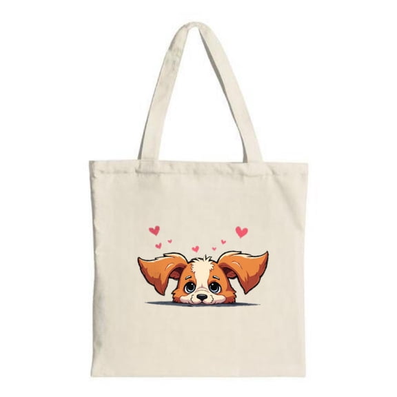 Cute Cartoon Dog Tote Bag - Floppy Eared Pup with Eyes & Floating Hearts - Stylish Canvas Bag for Shopping Travel & Parties
