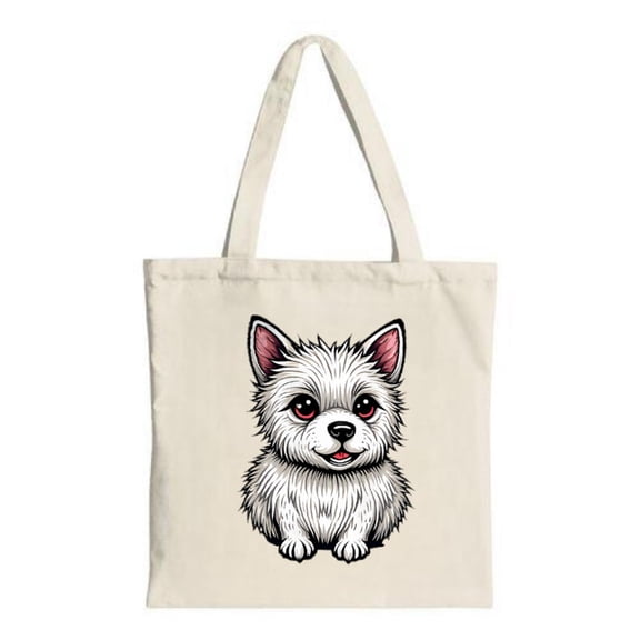 Cute Cartoon Dog Tote Bag - Fluffy pup with red eyes & pink nose on a background Perfect for shopping travel & parties