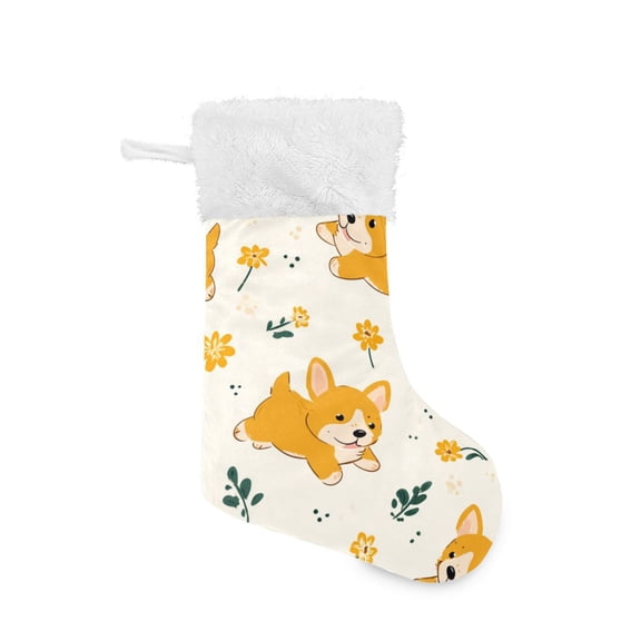 Cute Cartoon Dogs Run Leaves Flowers Christmas Stockings Large Capacity 18 inch Gift Bag with Hook Xmas Holiday Decor 1 Pack