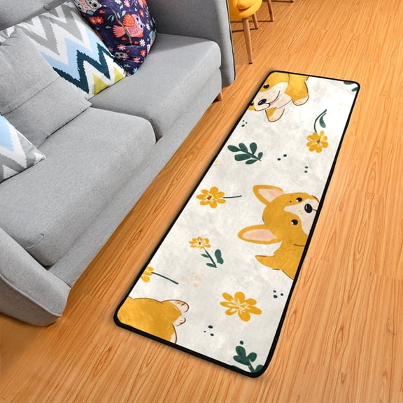 Cute Cartoon Dogs Run Leaves Flowers Long Floor Mat Runner Rug Area Mat Noise Reduction Water Absorbent Non-Slip 72" x 24"