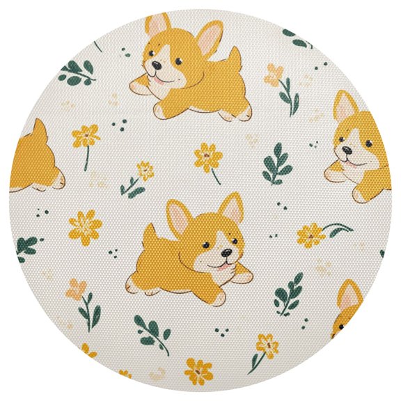 Cute Cartoon Dogs Run Leaves Flowers PVC Round Grid Placemat Table Mat 1 Pc 15.4" x 15.4"