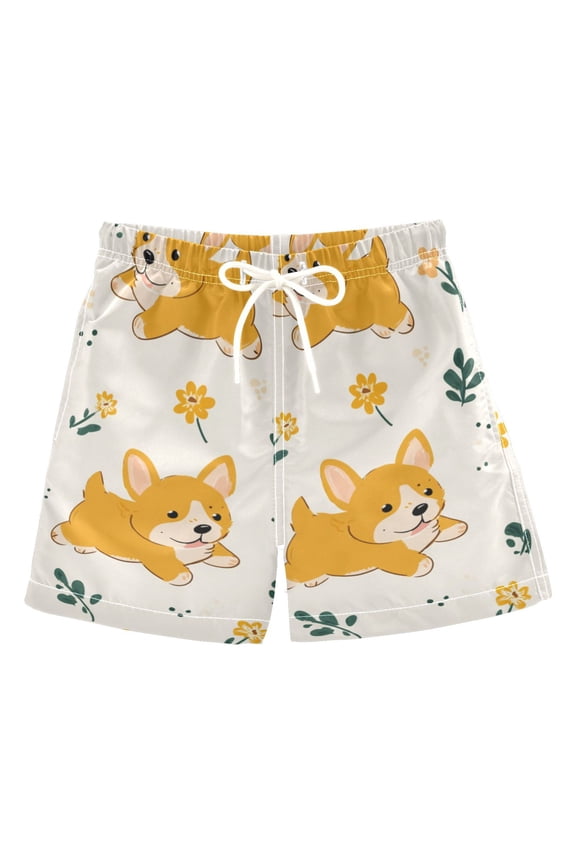 Cute Cartoon Dogs Run Leaves Flowers Swim Trunks Board Shorts Beach Pants Bathing Bottoms 2T