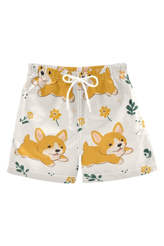 Cute Cartoon Dogs Run Leaves Flowers Swim Trunks Board Shorts Beach Pants Bathing Bottoms 4T