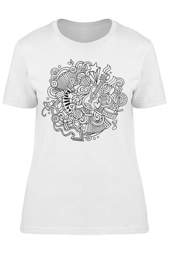 Cute Cartoon Doodle Instruments T-Shirt Women -Image by Shutterstock, Female Medium