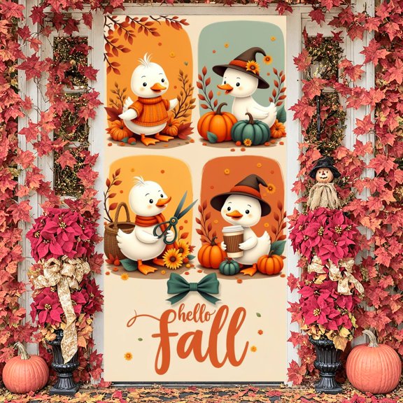 Cute Cartoon Duck Hello Fall Banner Pumpkin  Autumn Background Warm Tone Fall Event Display for Fall Party Thanksgiving Gathering Indoor Decoration