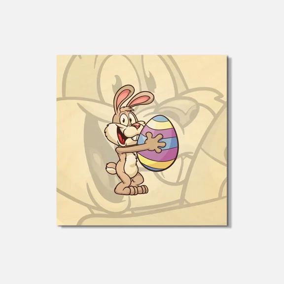 Cute Cartoon Easter Bunny Big Egg 4'' X 4'' Square Wooden Coaster