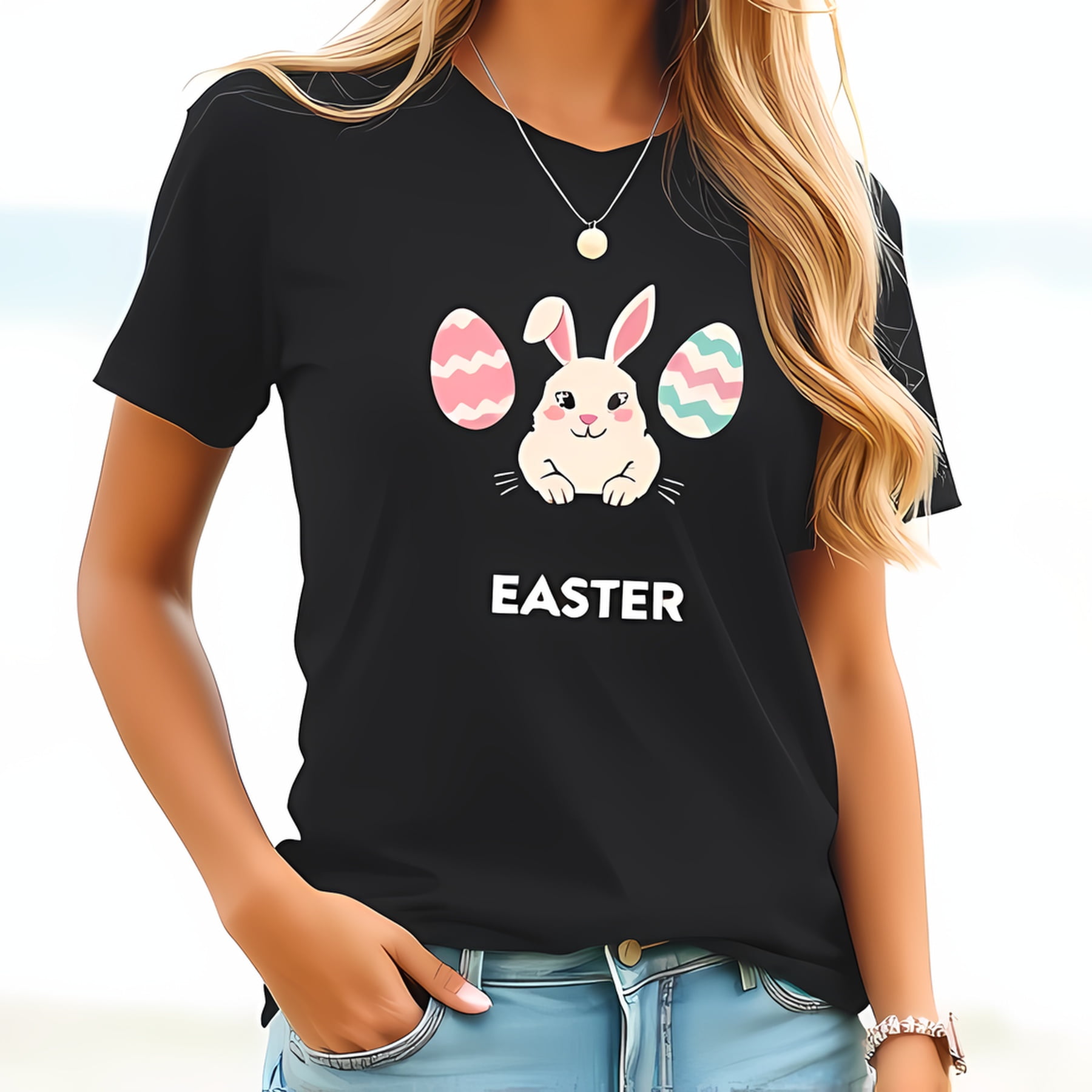 Cute Cartoon Easter T-Shirt for Women - Short Sleeve with Pastel Eggs ...