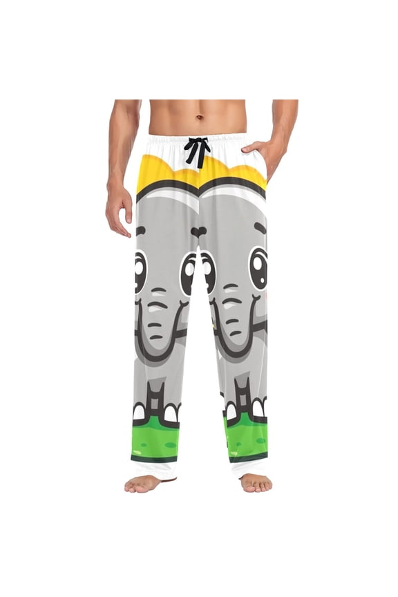 Cute Cartoon Elephant Mens Cotton Pajama Pant Sleep and Lounge Bottons with Pockets