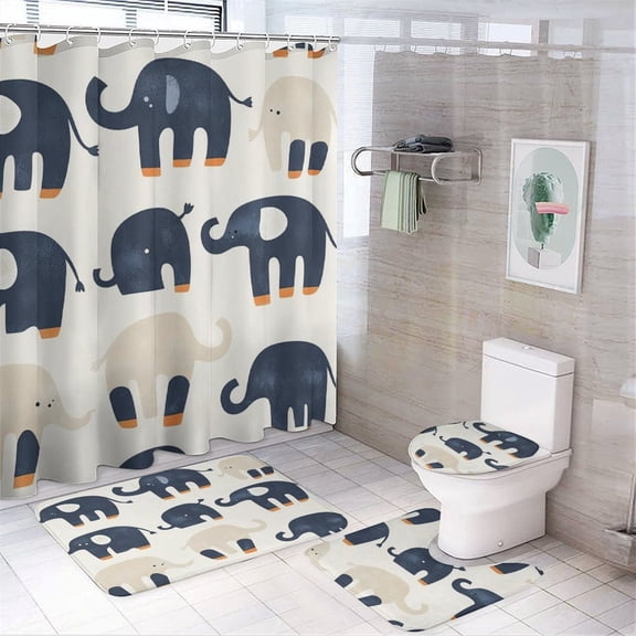 Cute Cartoon Elephant Pattern 4 Piece Bathroom Rug Set with Shower Curtain Bathroom Shower Curtain Set with Rugs Elephant Gifts Durable And Waterproof for Bathroom Decor Set