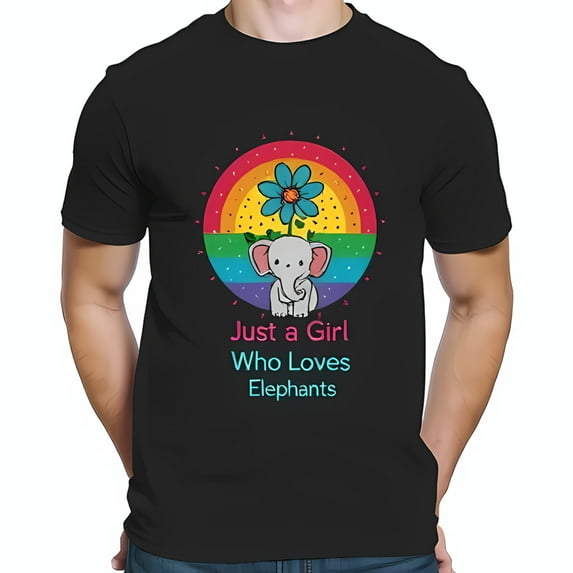 Cute Cartoon Elephant T-Shirt for Girls - Short Sleeve Cotton Tee with Colorful Rainbow Background & " Just a Girl Who Loves Elephants " Design