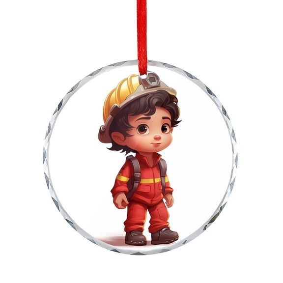 Cute Cartoon Firefighter Brunette Boy Ornament Appreciation Gifts Ornaments for Xmas Tree Fireman Baby Boy Christmas Glass Decoration