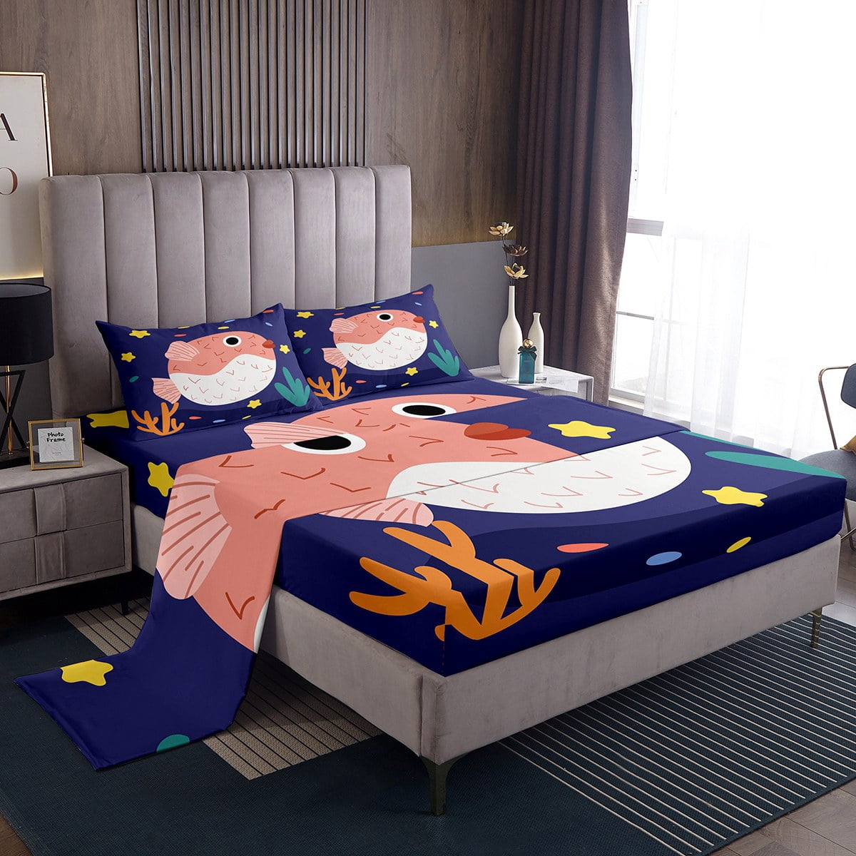 Cute Cartoon Fish Bed Sheets Set King Size,Kawaii Pufferfish Stuffed ...