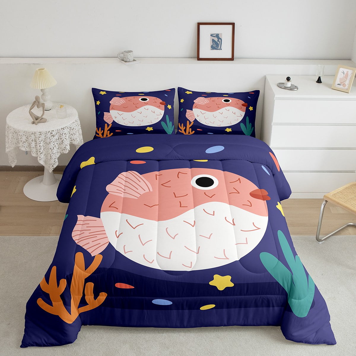 Cute Cartoon Fish Bedding Twin Size,Kawaii Pufferfish Stuffed Animal Bedding Comforter Sets for