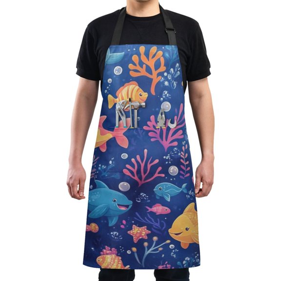 Cute Cartoon Fish Chef Kitchen Apron with Pockets for Women Waterproof Aprons for Cooking Baking