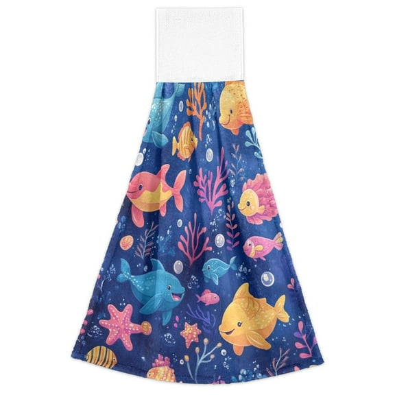 Cute Cartoon Fish Kitchen Hand Towels with Hanging Loop Absorbent Bathroom Towel 2Pcs