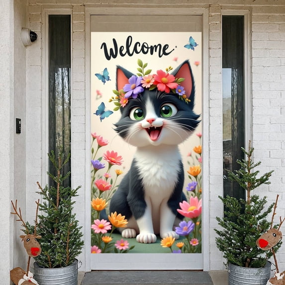 Cute Cartoon Floral Banner Pastel Tone Spring Garden Display Nature Inspired Kitten Flower Backdrop for Pet Birthday Party Home Decoration Outdoor Event
