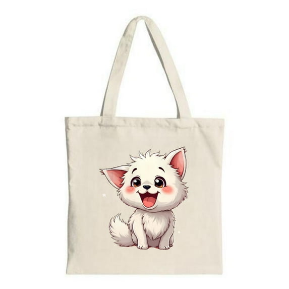 Cute Cartoon Fluffy White Puppy Tote Bag - Cheerful Design with Expressive Eyes & Rosy Cheeks Perfect for Shopping & Travel