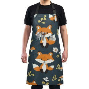 Cute Cartoon Fox Chef Kitchen Apron with Pockets for Women Waterproof Aprons for Cooking Baking