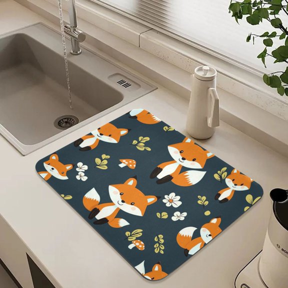 Cute Cartoon Fox Dish Drying Mat for Kitchen Counter Absorbent Drainer Mats (15.7X11.8inch)