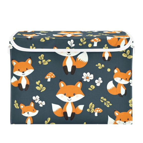 Cute Cartoon Fox Large Storage Bins with Linen Collapsible Lid Storage Box 16.7 x 12.6 x 11.8in