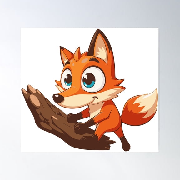 Cute Cartoon Fox Sitting On A Tree Branch Poster Wall Art, Modern Wall Decor For Living Room Bedroom, 16X16 UNFRAMED