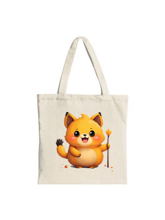 Cute Cartoon Fox Tote Bag - Orange Fox with Fluffy Tail & Cheerful Expression Perfect for Shopping Travel & Parties