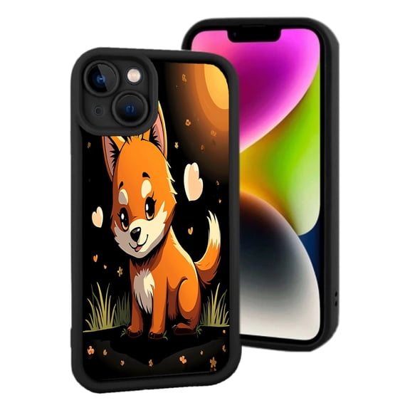 Cute Cartoon Fox iPhone 15 Case - Lightweight Yellowing Resistant Fluffy Fox Design with Flowers Black Border Perfect for Animal Lovers