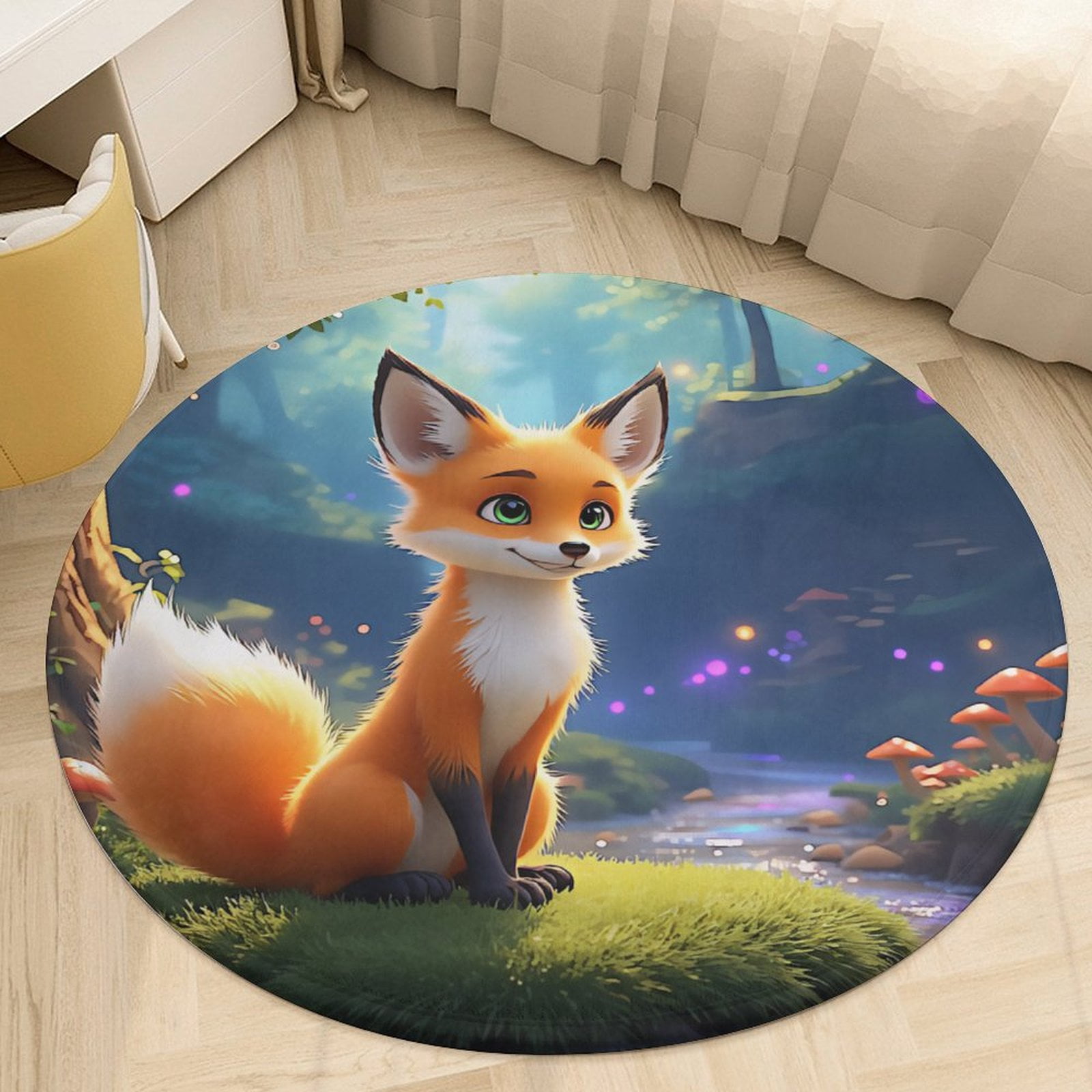 Cute Cartoon Fox with Colorful Flowers Round Area Rugs for Bedroom ...