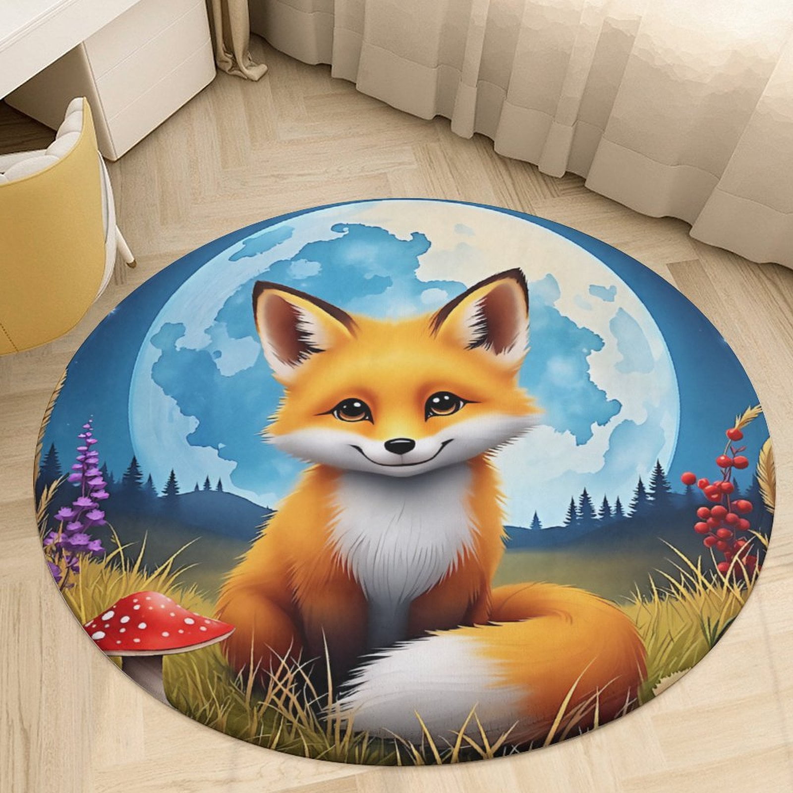 Cute Cartoon Fox with Colorful Flowers Round Area Rugs for Bedroom ...