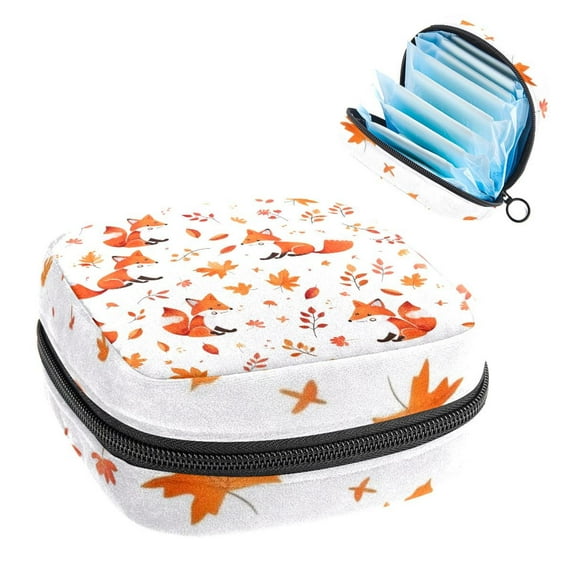 Cute Cartoon Foxes Sanitary Napkin Storage Bag, Zipper Menstrual Cup Pouch Feminine Menstruation First Period Pads Holder for Girls Women Ladies