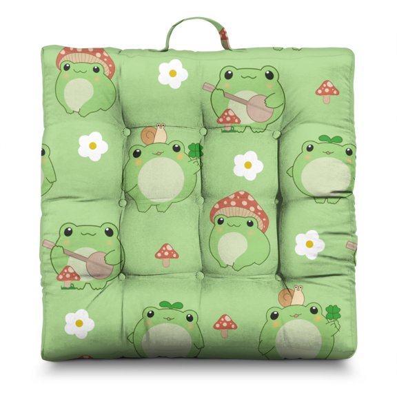 Cute Cartoon Frog & Mushroom Floor Cushion - Oversized Japanese Zabuton with Flower Plant Print, 9-Point Stitched for Stability