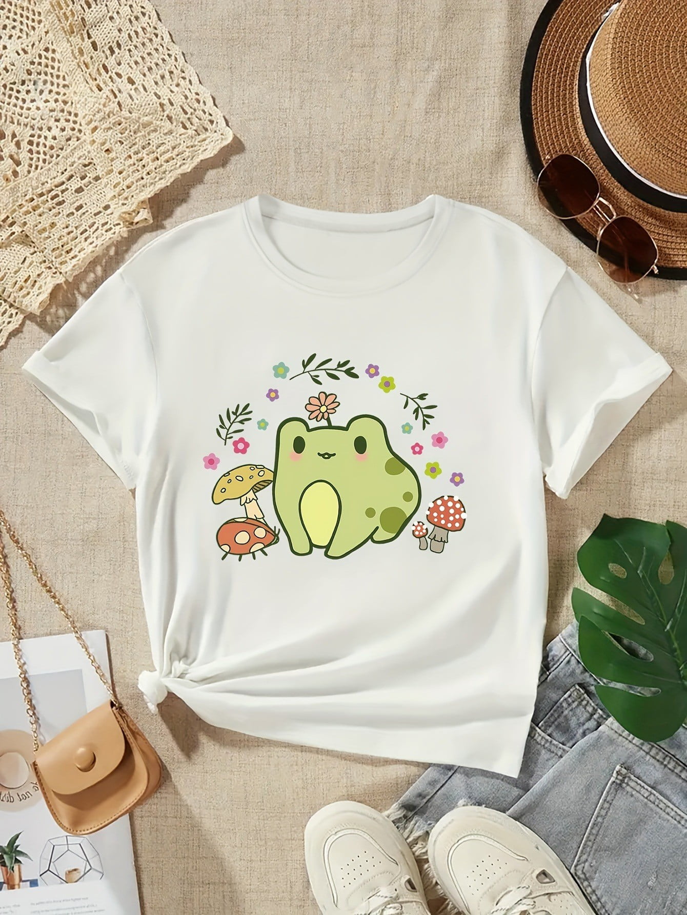 Cute Cartoon Frog With Mushroom Graphic Print, Tween Girls' Casual ...
