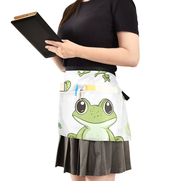 Cute Cartoon Frog Server Apron with 3 Pockets Waist Apron for Waiter Waitress