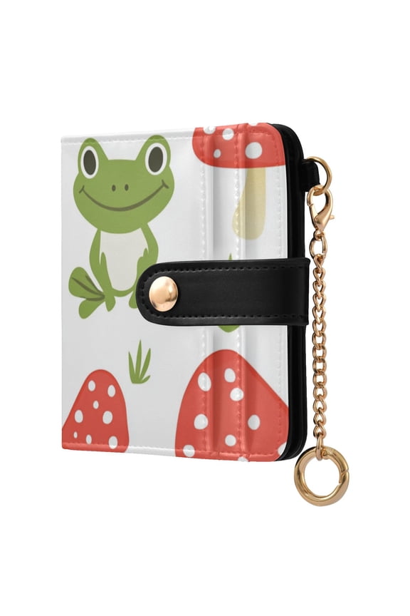 Cute Cartoon Frogs Leaves Mushrooms Women's Wallet PU Leather Card Cases RFID Blocking Purse Billfold with Key Ring