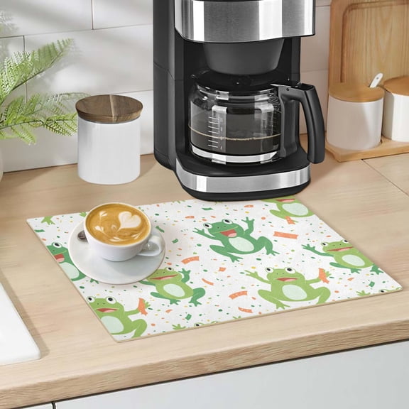 Cute Cartoon Frogs with Confetti Dish Drying Mat 12"x18" Kitchen Counter Dish Pad Microfiber Absorbent Drainer Rack for Coffee Bar
