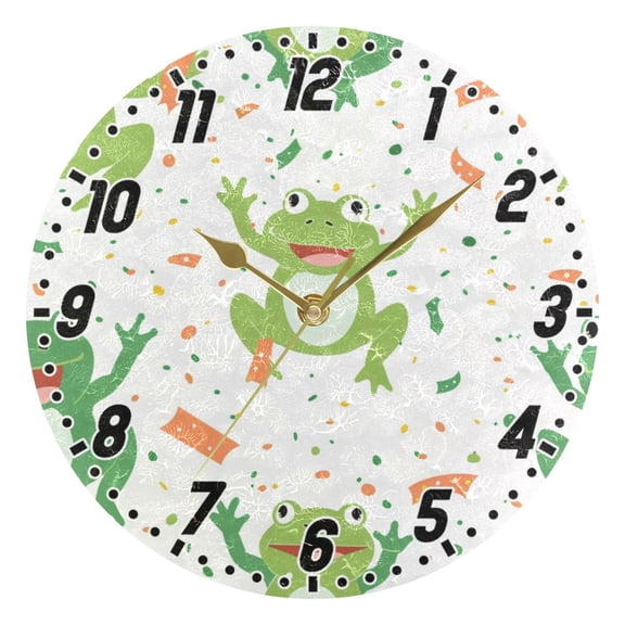 Cute Cartoon Frogs with Confetti Round Wall Clock Battery Operated Silent Non-Ticking Bedroom Office Kitchen Home School Decor 10"(Gold)