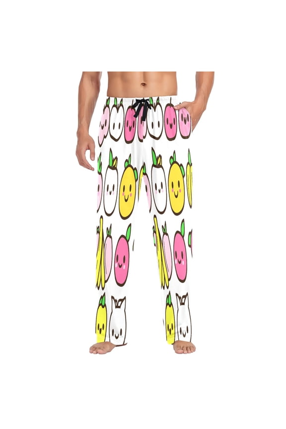 Cute Cartoon Fruits Pattern Mens Cotton Pajama Pants Long Staple Lightweight Sleep Bottoms with Pockets Breathable