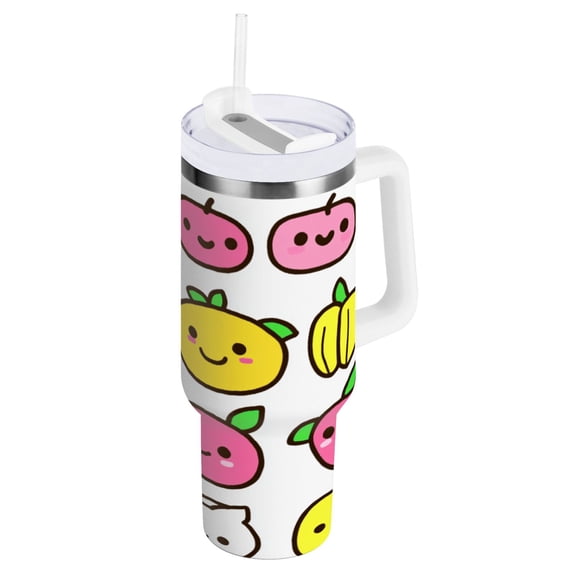 Cute Cartoon Fruits Pattern Water Bottles 30oz Insulated Tumblers Double-Walled Ergonomic Handle Leak Proof