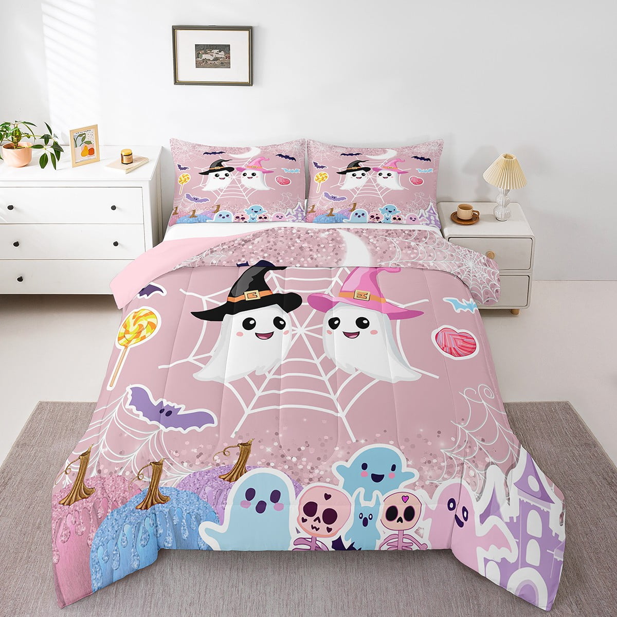 teen insertion bat White Ghost Comforter Set Queen Size Ghost Spider Bats Print Bedding for  Boys Girls Happy Halloween Grey Bedding Comforter Sets Cute Cartoon Ghost  Duvet Insert Halloween Decor Trick or Treat Quilt -