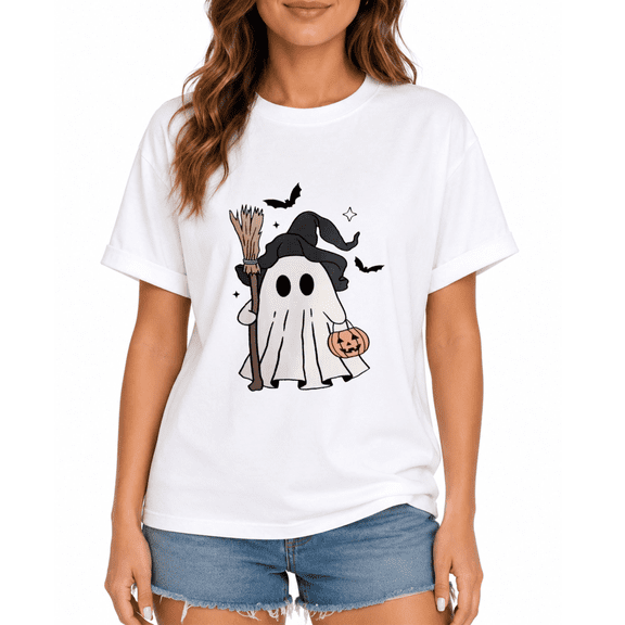 Cute Cartoon Ghost Witch Halloween Print Women's T-Shirt Casual Summer Top