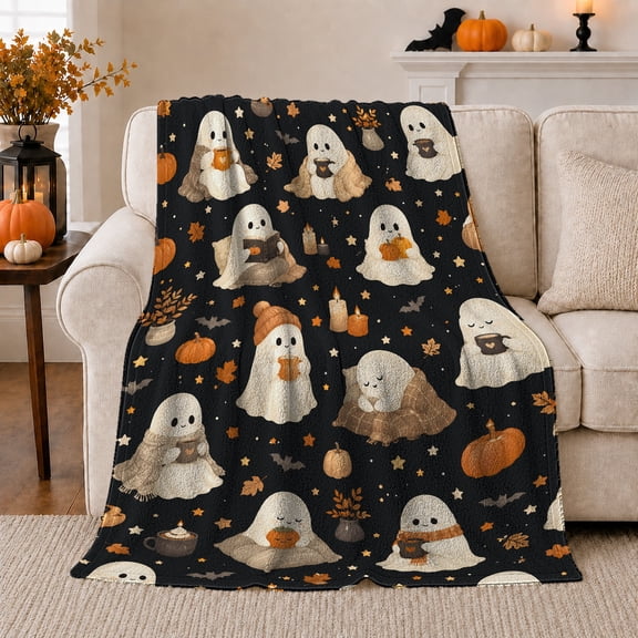 Cute Cartoon Ghosts Halloween, Festive Halloween Scene, Warm Flannel Blanket for Living Room and Family Room with Detailed Artwork, Art Lovers Halloween Gift, Festive Home Decor